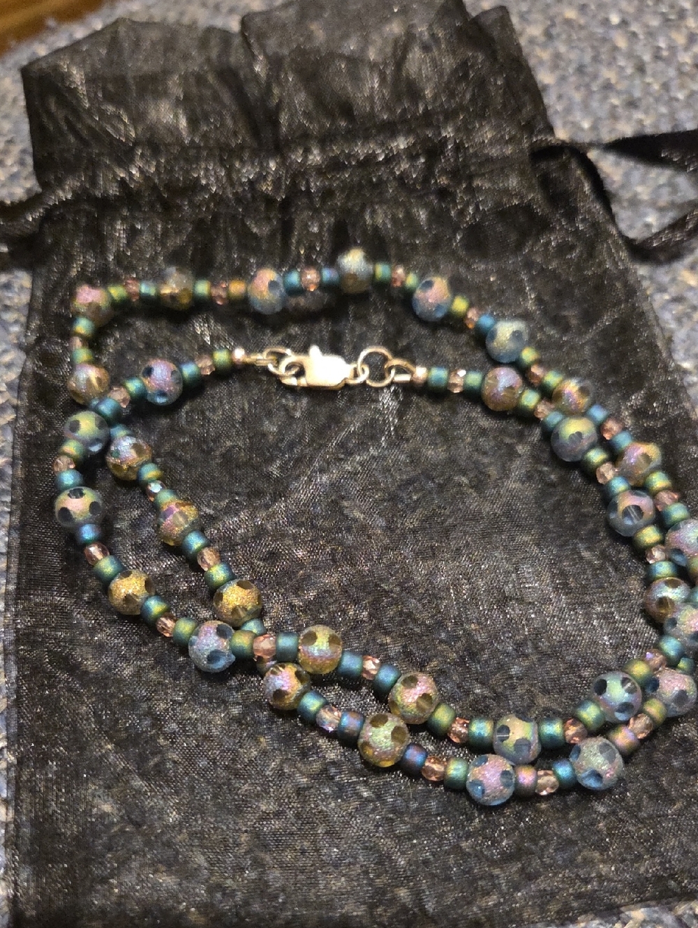 Handcrafted Multicolor Beaded Necklace - Iridescent Blue-Green